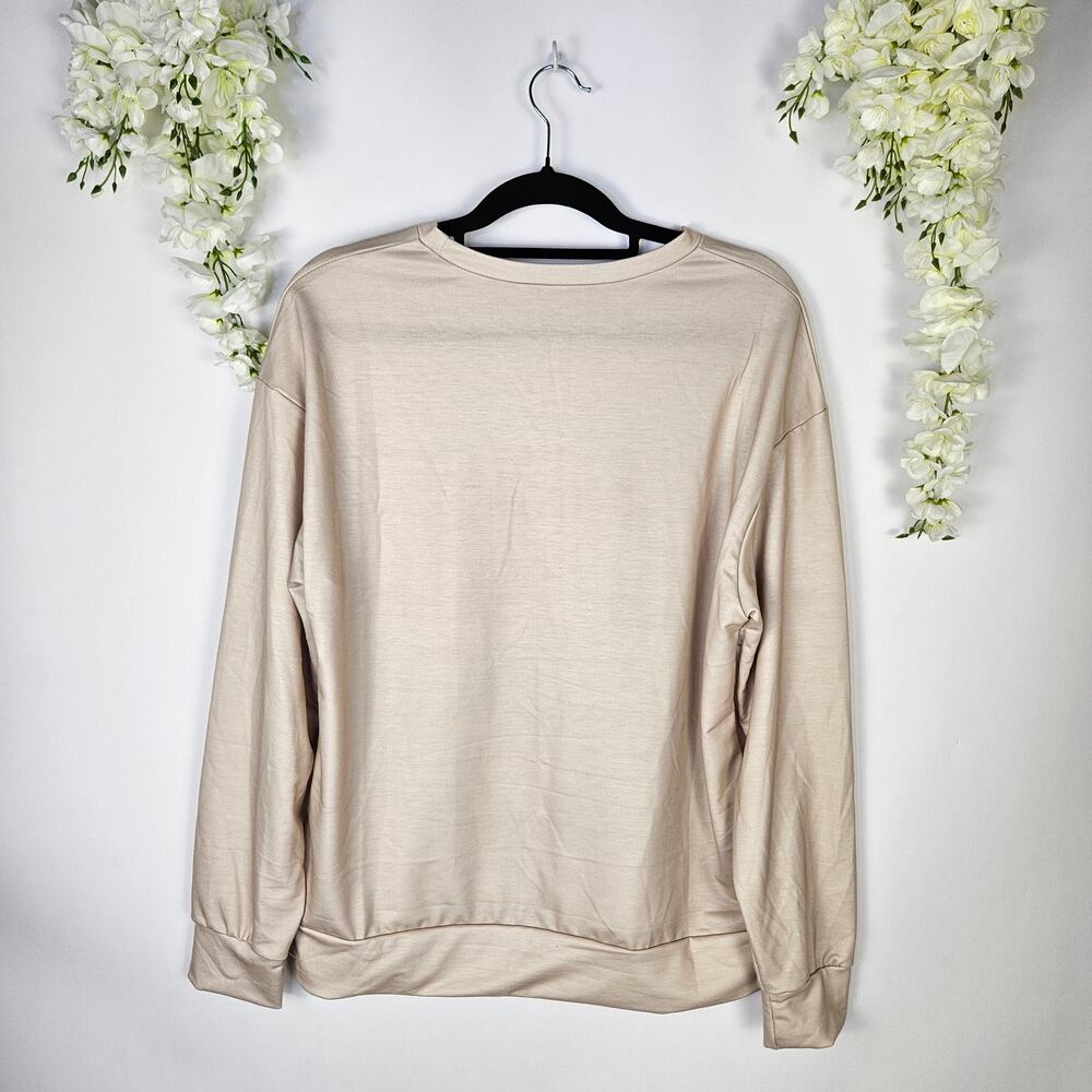 Beige Christmas Sweatshirt Wonderful Time Print Cozy Holiday Trendy Party Medium - Picture 5 of 12